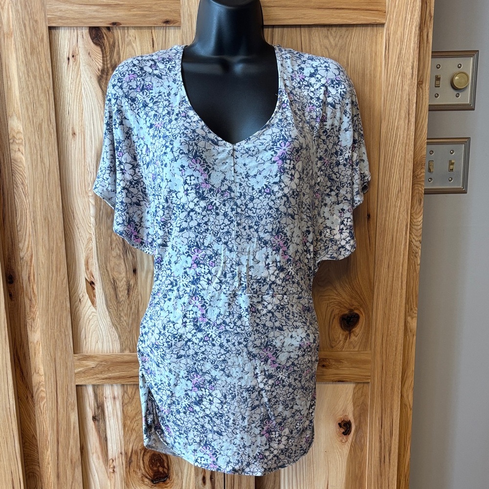 CAbi Light Blue and Lavender Floral V-Neck Tunic